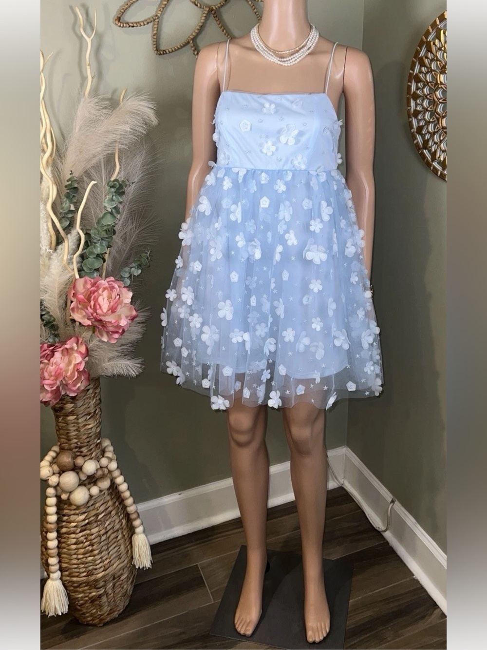 Altar’d State Aurora Floral Mesh Babydoll Dress Baby Blue Size Medium - Picture 5 of 16